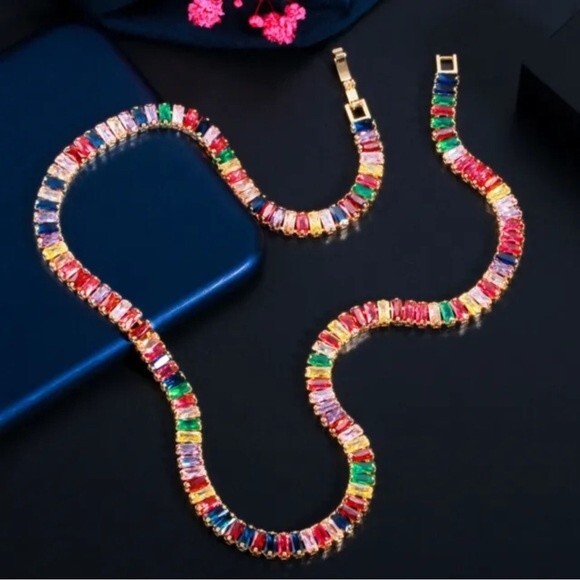 New! Baguette Multi Color Rainbow Gemstone Goldtone Choker Necklace - Picture 2 of 7